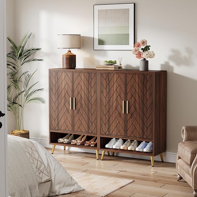 Tribesigns Entryway Shoe Cabinet with Doors, 6-Tier 24 Pairs Wooden Shoe Storage with Adjustable Shelves and Gold Legs for Living Room, Bedroom (Walnut)