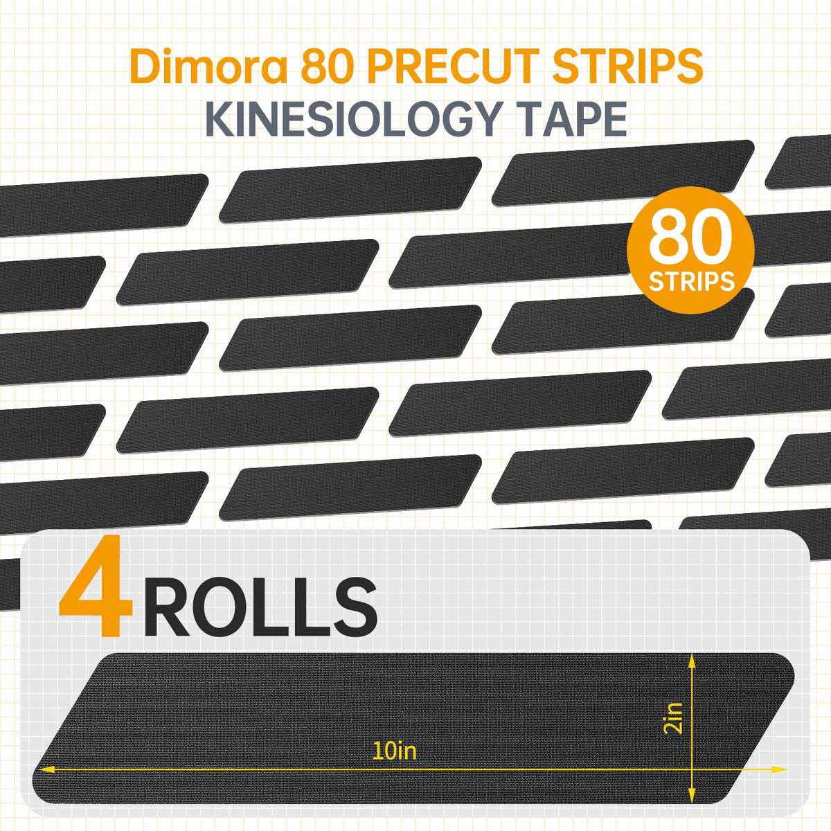 Dimora Kinesiology Tape, 80 Count Precut Strips 4 Rolls, Original Cotton, 10” Elastic Athletic Tape for Muscle Pain Relief and Joint Support, Black