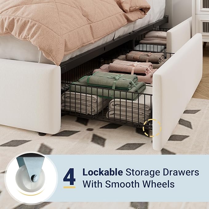 Allewie Full Size Storage Bed Frame, Vertical Channel Tufted Adjustable Headboard, Velvet Upholstered Platform Bed with 4 Oversized Underbed Drawers, Wooden Slats Support, No Box Spring Needed, White