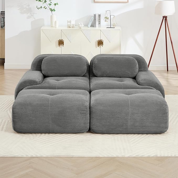 Gray Ottoman for Modular Sectional Sofa, Corduroy Deep Seat for Oversized Compressed Boneless Sectional Couches for Living Room Bedroom Apartment, Cloud Sofa Couch Set, Memory Foam, No Assembly