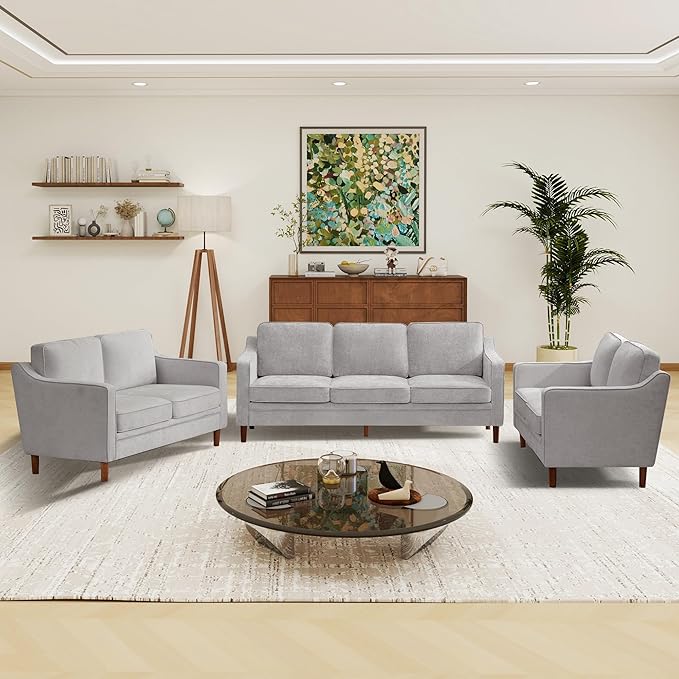 Kingfun Living Room Furniture Sets, Armchair and 2 Loveseat, Mid Century Modern Sofa Set, Chenille Couch with Solid Wood Frame for Living Room & Bedroom, Silver Gray