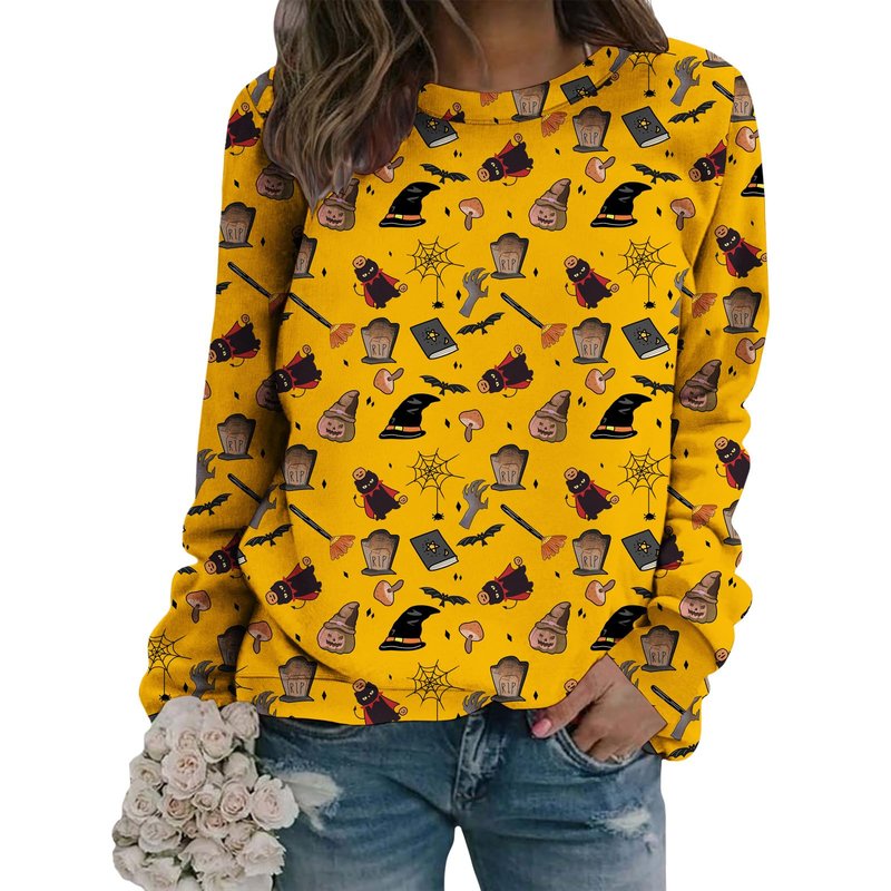 LOAIHA Womens Halloween Sweatshirt Pumpkin Ghost Pattern Long Sleeve Crew Neck Pullover Cotton Blend Casual Holiday Top