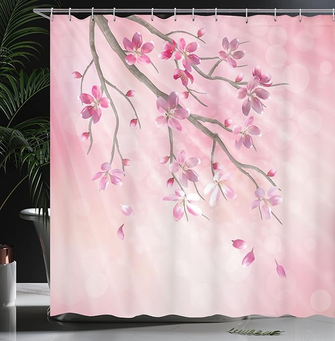 Ambesonne Nature Shower Curtain, Illustration of Spring Tree Branch with Blossoms Sun Beams on Blurred Background, Cloth Fabric Bathroom Decor Set with Hooks, 69" W x 75" L, Pink Fuchsia