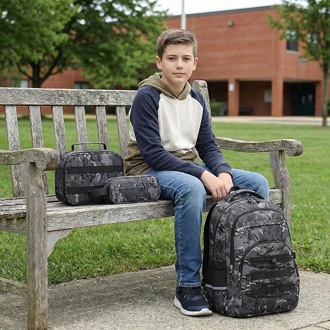 School Backpacks for Boys - 4pcs Camo Boys Backpacks with Lunch Box Set for Kids Teens Elementary Middle School, 18″ Large Capacity Students Bookbag, Perfect for Travel