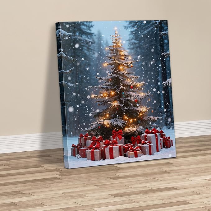 Framed Christmas Pictures Wall Decor,Vintage Pine Tree Prints,Winter Christmas Canvas Wall Art Decoration for Bedroom Bathroom Living Room Rustic Xmas Holiday Gifts (Christmas Tree 14, 16'' X 24'')
