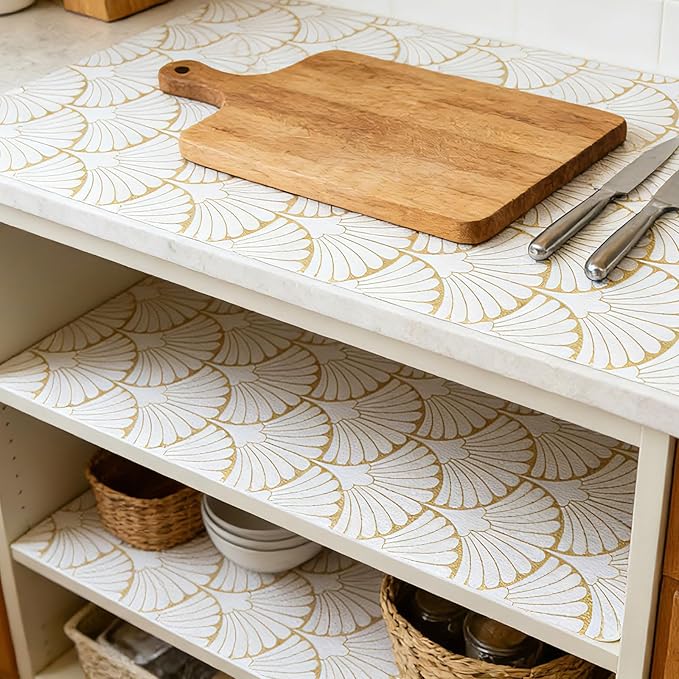 Shelf Liners Non Adhesive Gold Background White Fan-Shaped Pattern - Thickened Non-Slip Easy to Clean Drawer Liner for Kitchen Cabinets, Tool Box,Refrigerator,with Knife & Tape Measure,17in x 30FT.