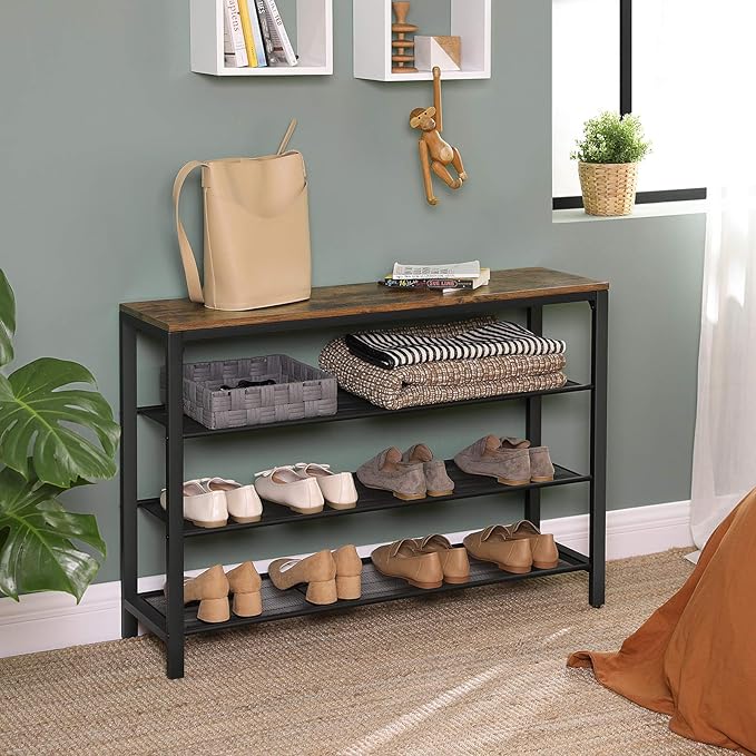 VASAGLE 4 Tier Shoe Rack, Shoe Organizer for Closet, Entryway, 16-20 Pairs of Shoes, Large Shoe Rack Organizer with 3 Metal Mesh Shelves, 11.8 x 39.4 x 28.3 Inches, Rustic Brown and Black ULBS14BX