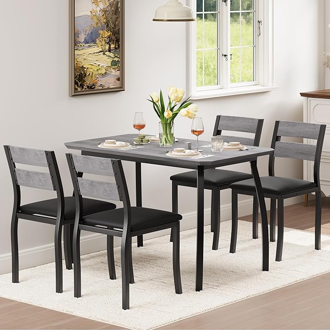 GAOMON 5 Piece Dining Table Set for 4, Space-Saving Kitchen Table with Upholstered Chairs, Modern Angled Corner Design, Compact Dinner Set for Small Spaces, Apartment, Dining Room, Grey