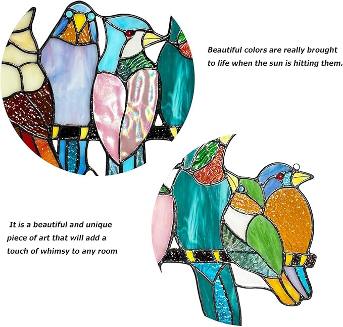 Stained Glass Birds Window Hangings, 9 Multicolor Stained Glass Birds on Branch Suncatcher, Handmade Tiffany Style Bird Lovers Gifts Decor for Mother, Women.