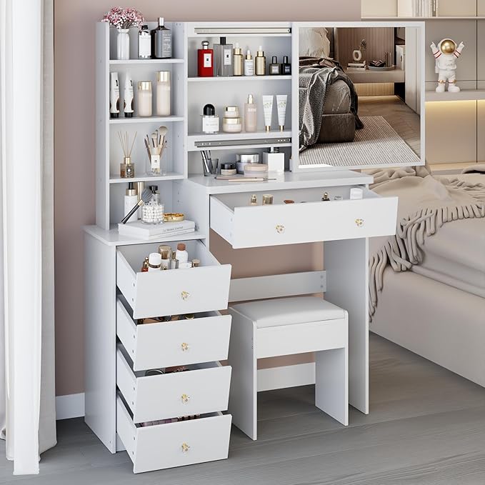 37" Vanity Desk with Mirror, Makeup Table with Sliding Mirror, Dressing Table with Multi Layer High Capacity Storage, Vanity Set with Drawers and Stool for Bedroom, White