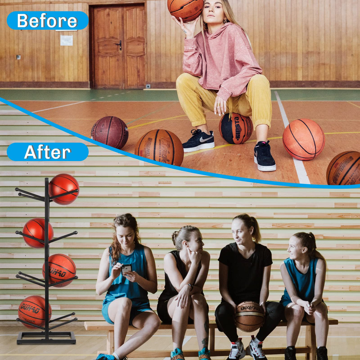 Fitlyiee Basketball Organizer Iron Ball Rack for Home Garage (Black)