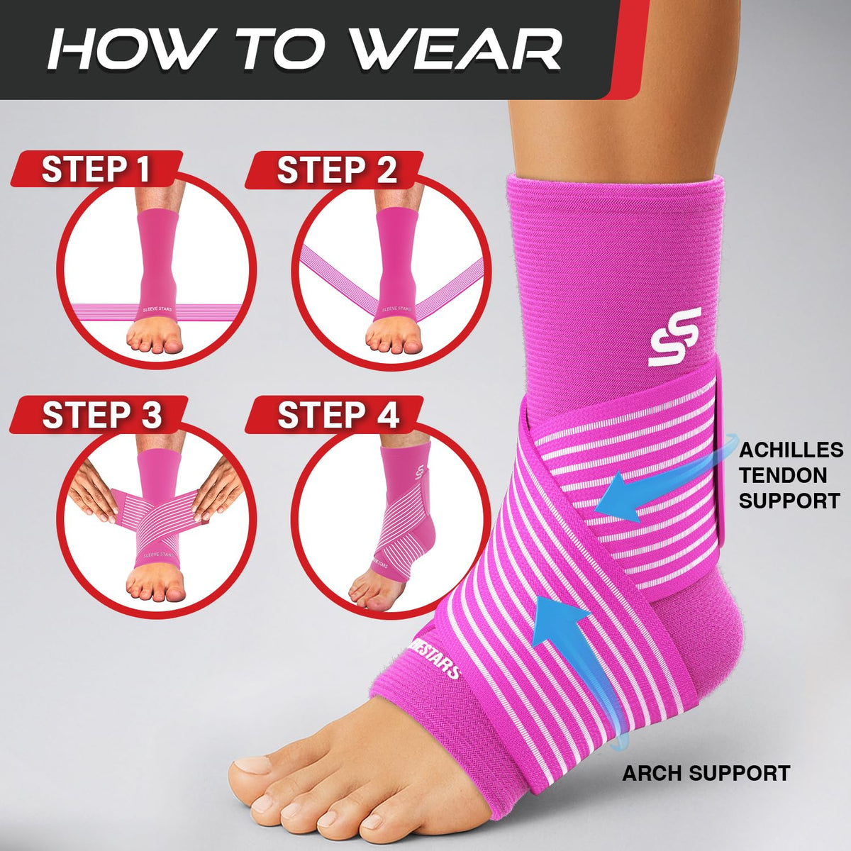 Sleeve Stars Ankle Brace for Women & Men, Ankle Wrap for Sprained Ankle, Compression Sleeve for Plantar Fasciitis Relief, Easy Customizable Support: w/Removable Strap (Single/L:12"-13"/Hot Pink)
