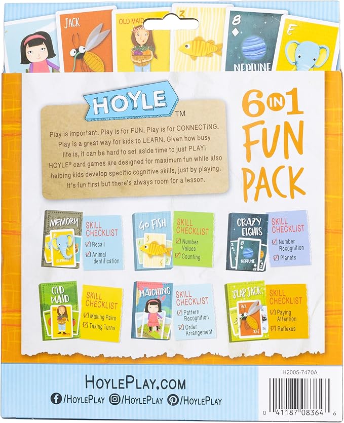 Hoyle 6-in-1 Kids Card Game Pack, 6 Fun Preschool Games in 1: Matching, Memory, Go Fish, Crazy Eights, Old Maid, Slap Jack, Ages 3+