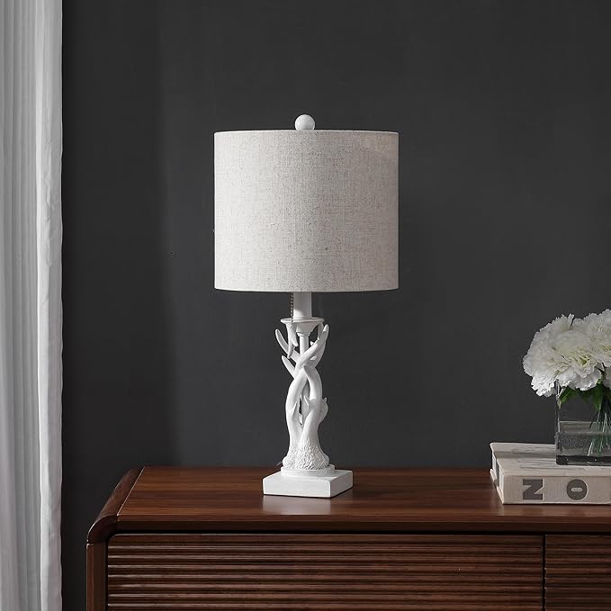 JONATHAN Y 20.5" Antique White Rustic Antler Table Lamp for Bedroom Farmhouse Decor, Mini Faux Antler Desk Lamp with Gray Linen Shade, Lodge Cabin Nightstand Lamp, LED Bulb (JYL1031C)