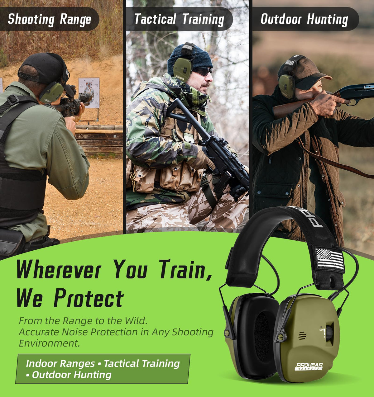 PROHEAR Digital Electronic Shooting Ear Protection 5X Sound Amplification Earmuffs, 23dB NRR Low Profile Noise Reduction Hearing Protection for Gun Range and Hunting, Green