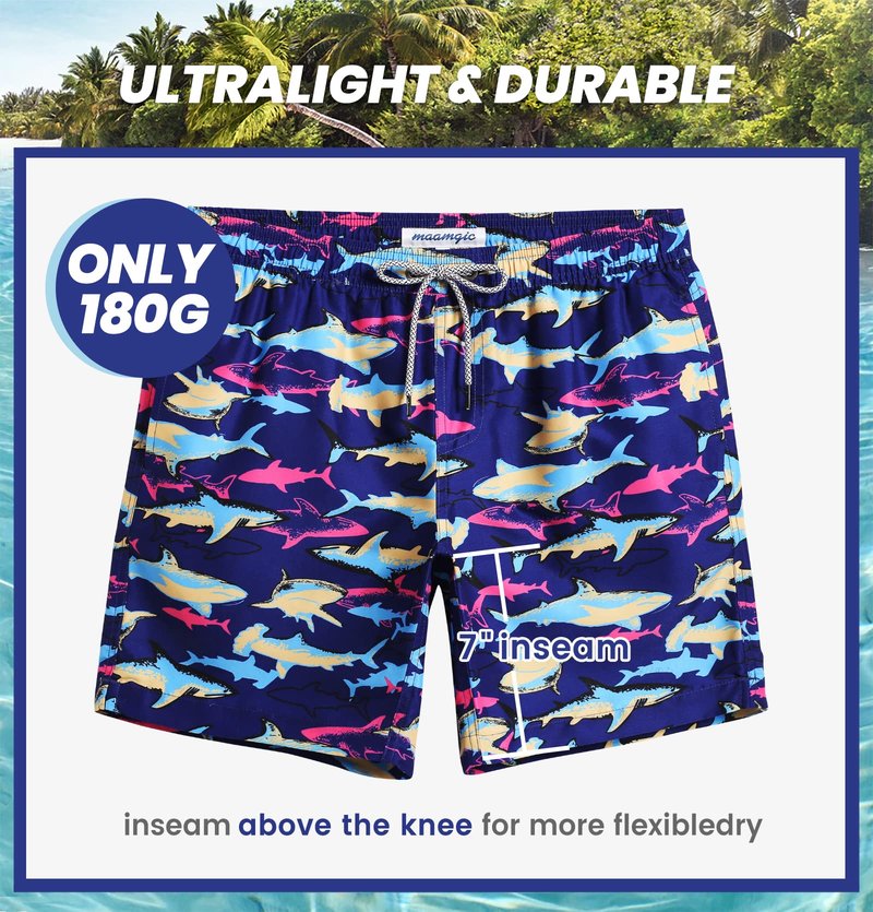 maamgic Mens Swim Trunks Quick Dry Swim Shorts with Mesh Lining Funny Swimwear Bathing Suits 7inch Colorful Shark X-Small