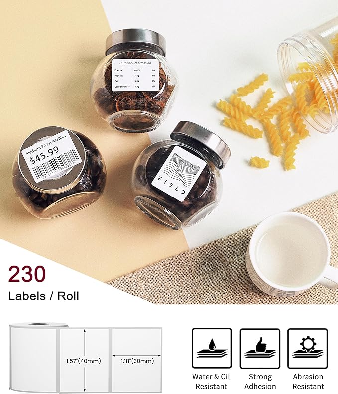 Phomemo Original [6x230 pcs] Labels Square Series, 6 Rolls 1.57''x1.18'' (40x30mm) M110 M100 M220 M22 M12 M200 Labels, White, 230 Pieces/Roll, Multi-Purpose Adhesive Thermal Phomemo Paper