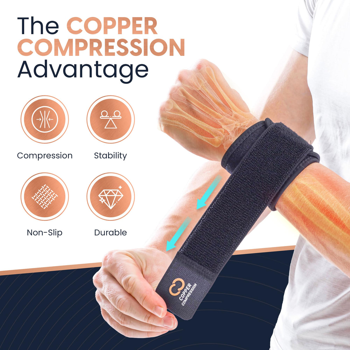 Copper Compression Wrist Wraps (2 Pack) – Adjustable Copper Infused Wrist Support for Weightlifting, Workouts, Injury Recovery, Carpal Tunnel, Tendonitis, and Pain Relief – Breathable and Comfortable Straps