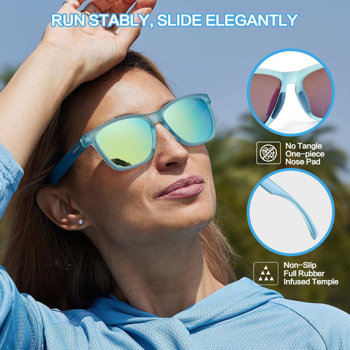 Jefoo Polarized Sports Running Sunglasses for Women Men Retro Trendy Sun Glasses UV400 Protection Tangle Free