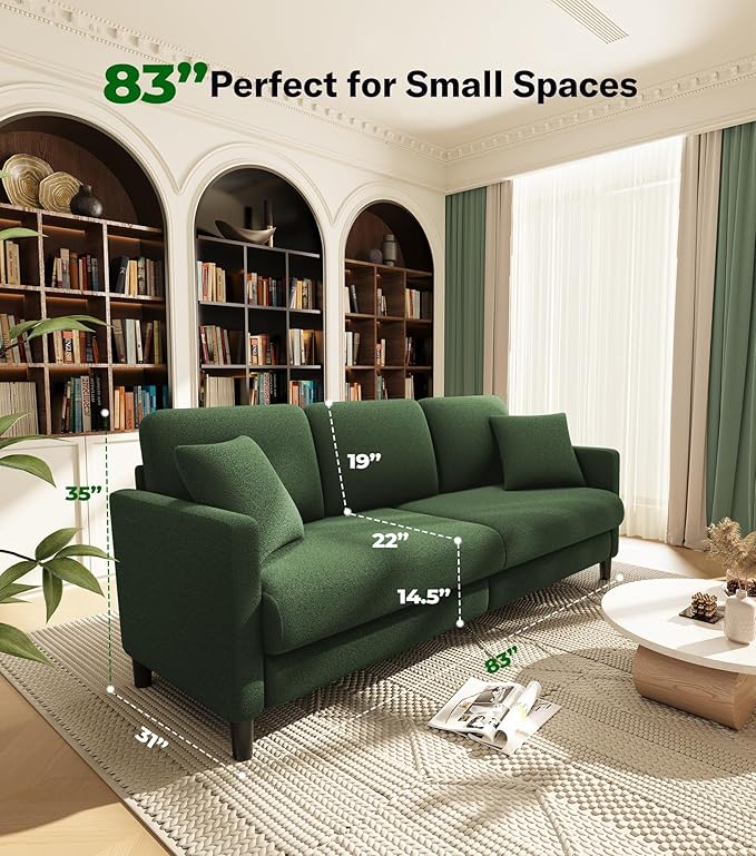 83" Couches for Living Room, Comfy Sofas for Living Room, Teddy Sofa Couch, Tool-Free Setup Loveseat Sofa, All-Wood Love Seat Couches, Small Couch 2 Pillows Included, Green
