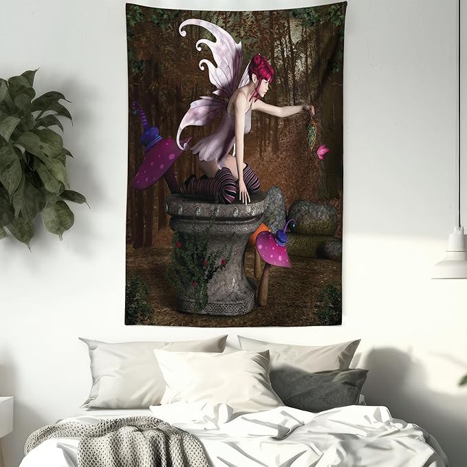 Ambesonne Tale Tapestry, Dimensional Mythical Creature Design Artifact on Pedestal Forest Print, Fabric Wall Hanging Decor for Bedroom Living Room Dorm, 30" X 45", Red Purple Grey