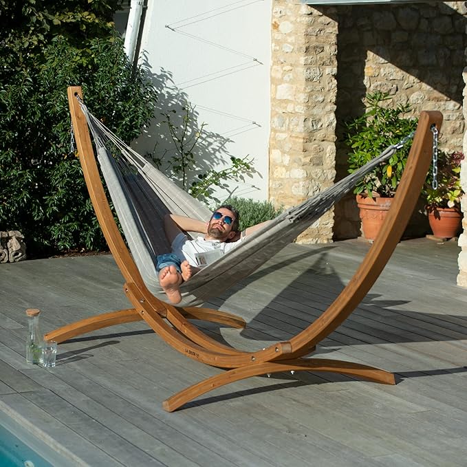 LA SIESTA® - Large Double Brisa Classic Hammock & Elipso Stand - Larch Wood Hammock Stand - Weather & Tear Resistant - Backyard Outdoor Hammock with Stand - 2-Person, Max 355 Lbs, Almond
