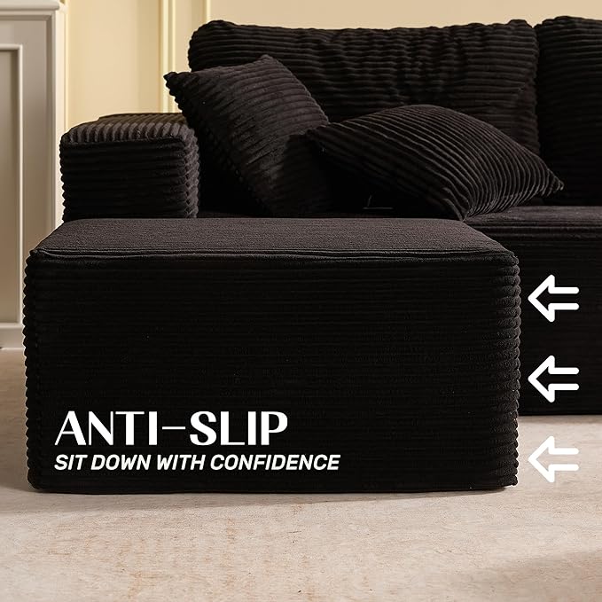 138" Boneless Couch with Deep Seat, Modular Sectional Sofa, Cloud Sectional Couch for Living Room, No Assembly Required, Corduroy, 4 Seater L-Shape Left, Black