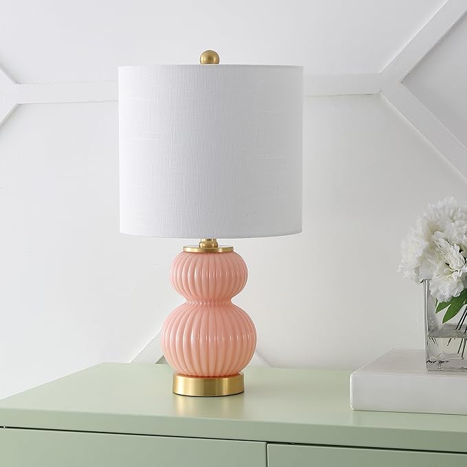 JONATHAN Y 20" Pink/Brass Gold Ribbed Gourd Glass Table Lamp, Modern Bedside Lamp for Bedroom Living Room, White Linen Drum Shade, LED Bulb Included (JYL1099B)