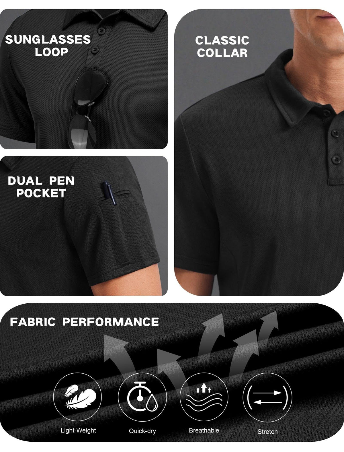 PINSPARK Golf Polo Shirts for Men Quick Dry Performance Casual Short Sleeve Collared Shirt Moisture Wicking Athletic Shirt Black