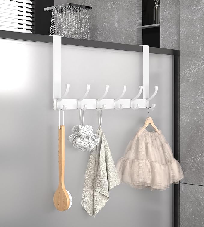 Over The Door Hooks Hanger with Extended Arms, Fit 1 3/8" Door, Tool-Free Assembly, F7U, Towel Rack Organizer Holder - Glossy White
