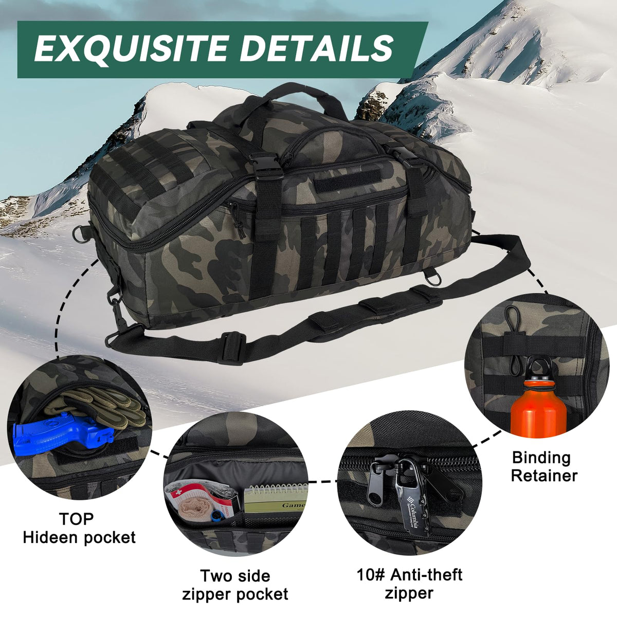 Hannibal Tactical 55L Large Duffle Bag, 3-in-1 Tactical Backpack MOLLE Pack for Gym, Sports, Outdoor, Black Camo