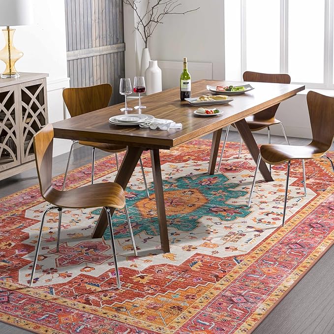 Moynesa Ultra-Thin Washable 10x14 Area Rugs for Bedroom, Pink Large Living Room Rug Non Slip, Medallion Oriental Indoor Floor Carpet for Dining Room Table Dorm Home Office Decor