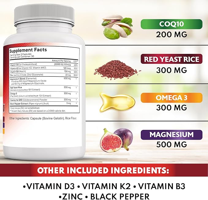 NEW AGE COQ10 200mg Red Yeast Rice, Omega 3, Magnesium Complex, Zinc Vitamin K2 D3 - Heart Health Support Vitamins for Women and Men with Vitamin B3, Coenzyme Q10-60 Count