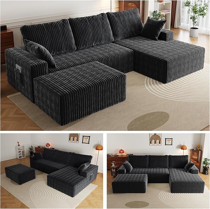 108" U Shaped Sectional Couch with Ottoman, Corduroy Modular Sectional Sofa with Deep Seat, Modern Modular L-Shape Sofa Couch with Chaise,Upholstered Boneless Couches for Living Room Bedroom