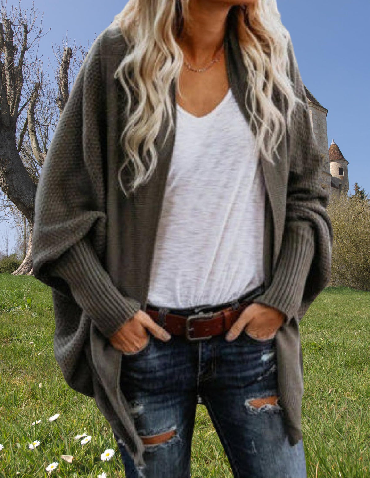 LIZALIG Women's Kimono Batwing Cable Knitted Slouchy Oversized Wrap Cardigan Sweater