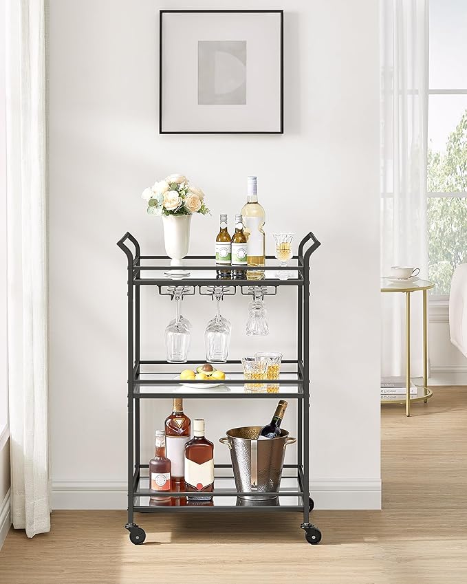 VASAGLE Bar Cart Black, Small Home Bar Serving Cart with 3-Tier Mirrored Shelf, Wine Holders, Glass Holders, for Small Spaces, Kitchen, 15 x 23.6 x 36.2 Inches, Black ULRC100B01