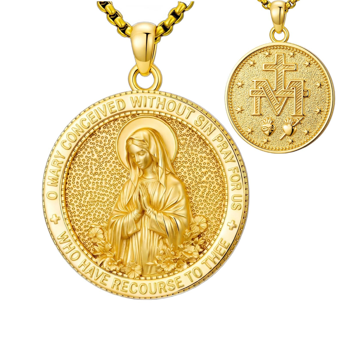 Taioiat 14K Gold Virgin Mary Medal Pendant Necklace Charm for Men