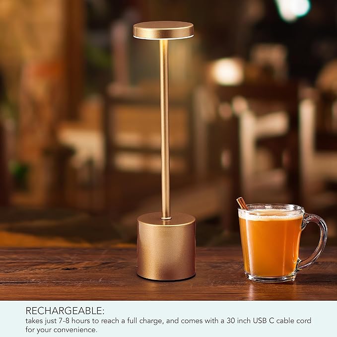Mikasa 13.3 Inch LED Rechargeable Lamp with Touch Control - Cordless Table Lamp with Stepless Dimming, 3 Color Temperature Modes, 54 LED Lights, 48-Hour Battery Life, Gold Finish Desk Lamp
