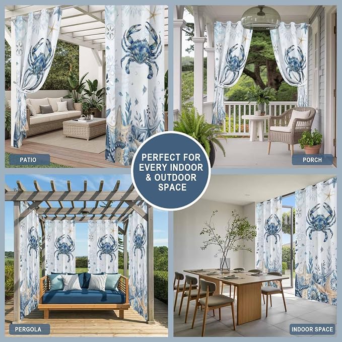 Oceans Outdoor Curtains for Patio Crabs Marine Life Shell Starfish Blue