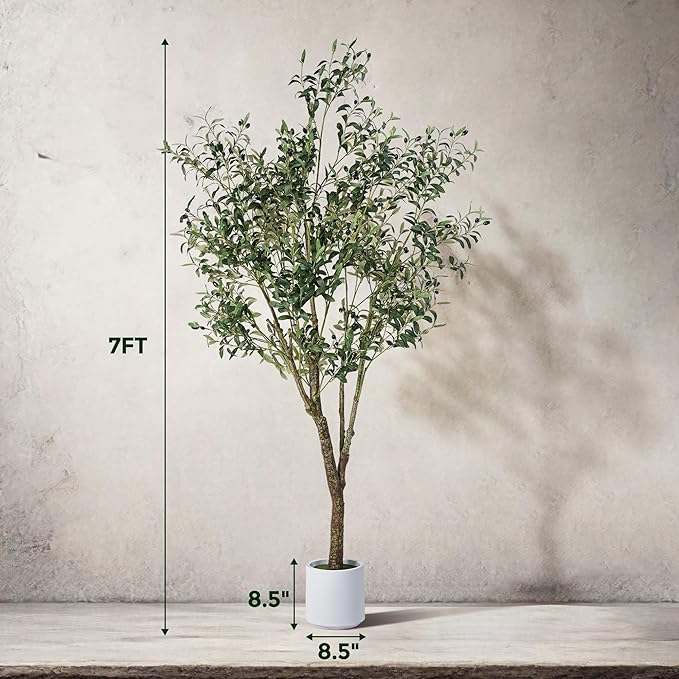 Artificial Olive Tree 7FT, Indoor Fake Silk Plant with Realistic Trunk, Leaves, Fruits and White Planter, Faux Potted Tree for Home Decor and Housewarming Gift, 2 Pack