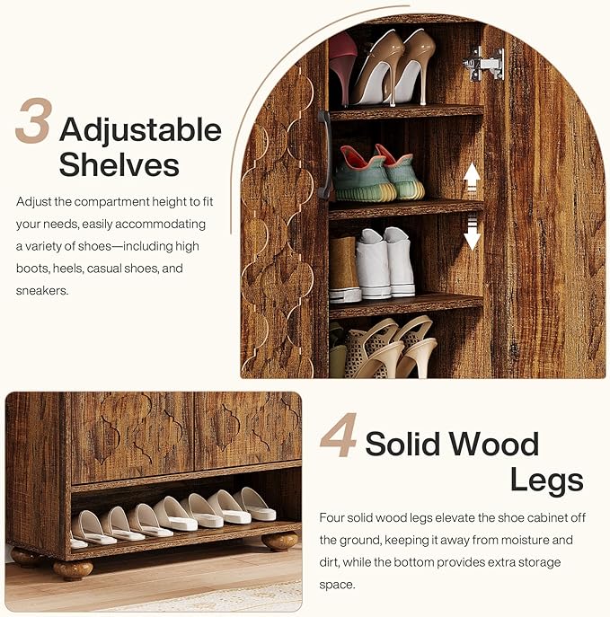 Tribesigns Shoe Cabinet with Doors, 6-Tier Shoe Rack with Solid Wood Feet and Adjustable Shelves, 43.3" Tall Storage Cabinet for Entryway, Hallway, Bedroom (Walnut)