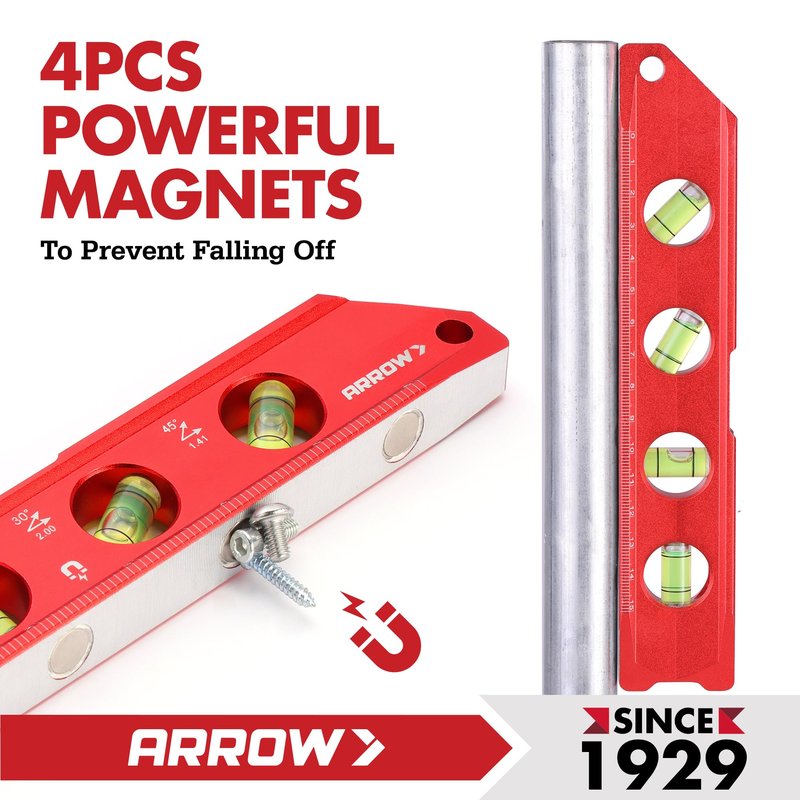 ARROW 8-Inch Torpedo Level, Magnetic Level Tool with 0°/30°/45°/90° Bubbles, Top-view Windows, Aluminium Alloy Frame, Dual Metric and SAE Scales