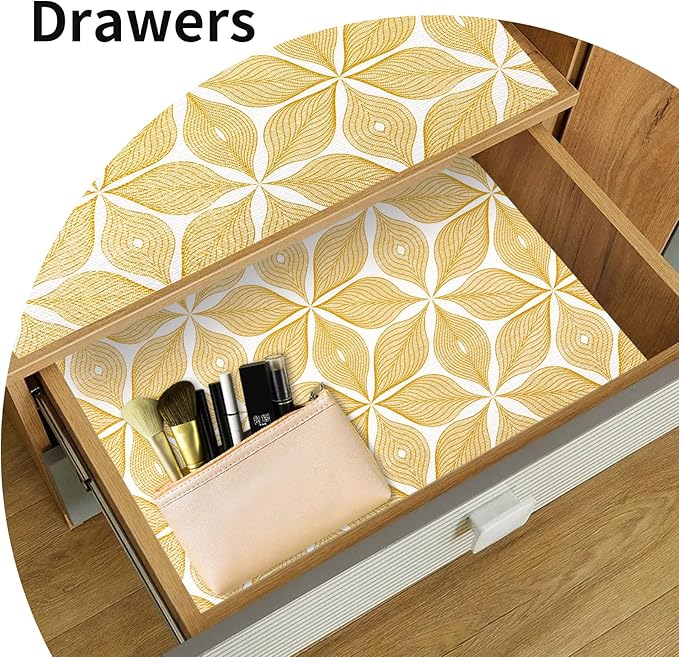 Shelf Liners for Kitchen Cabinets 17in x 30FT, Non Adhesive Cabinet Liner Strong Non-Slip Golden Leaf Drawer Liner, Easy to Clean for Shelf, Cabinet with Knife and Tape Measure