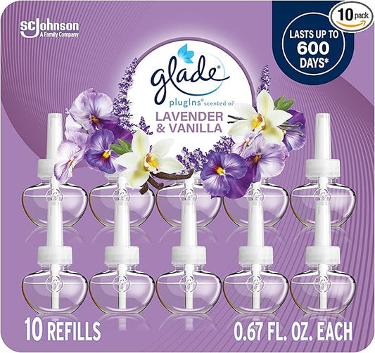 Glade PlugIns Refills Air Freshener, Scented and Essential Oils for Home and Bathroom, Lavender & Vanilla, 6.7 Fl Oz, 10 Count (Packaging May Vary)