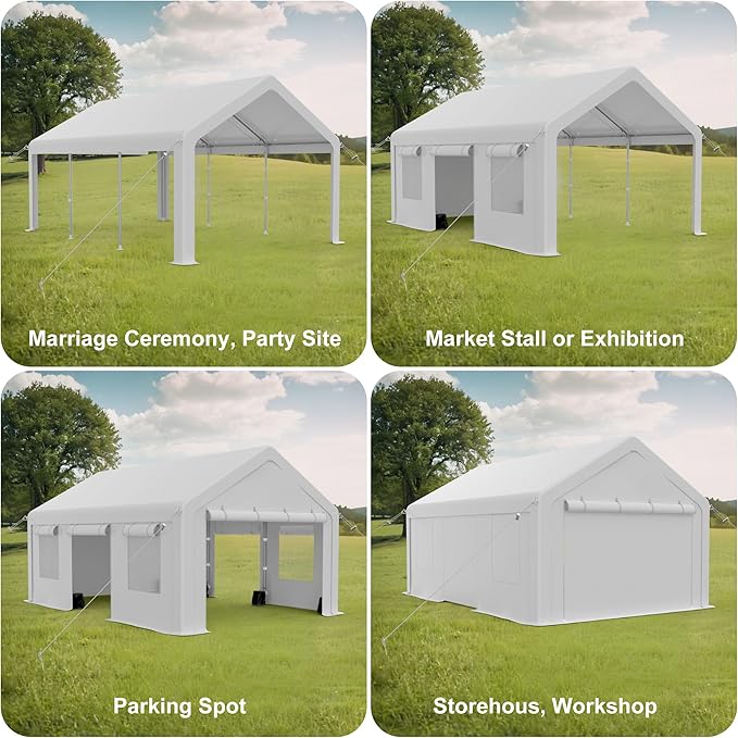 13x20ft Carport Heavy Duty, Portable Garage with 4 Doors + 4 Window, Upgraded Carport with Reinforced Steel Poles, Uv Resistant Waterproof Tarp, Portable Carport for Car, Truck, Boat