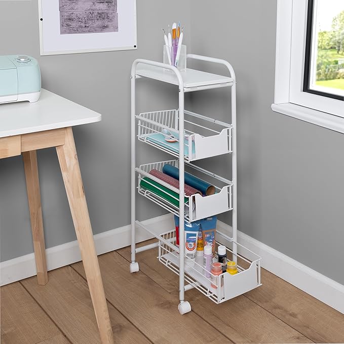Honey-Can-Do 4-Tier Slim Rolling Metal Utility Cart with Drawers, White