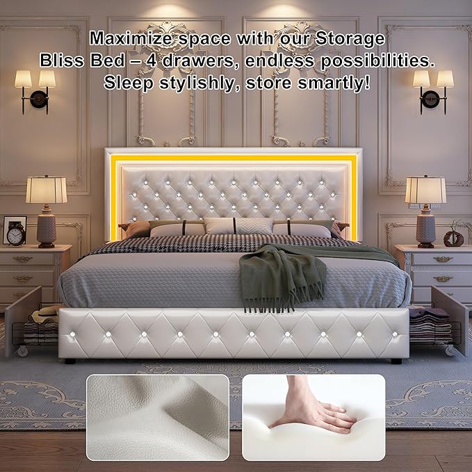 Queen Led Bed Frame with 4 Storage Drawers, Bed Frame with Led Lights No Box Spring Needed, 900 lbs Capacity, Easy Assembly, PU White