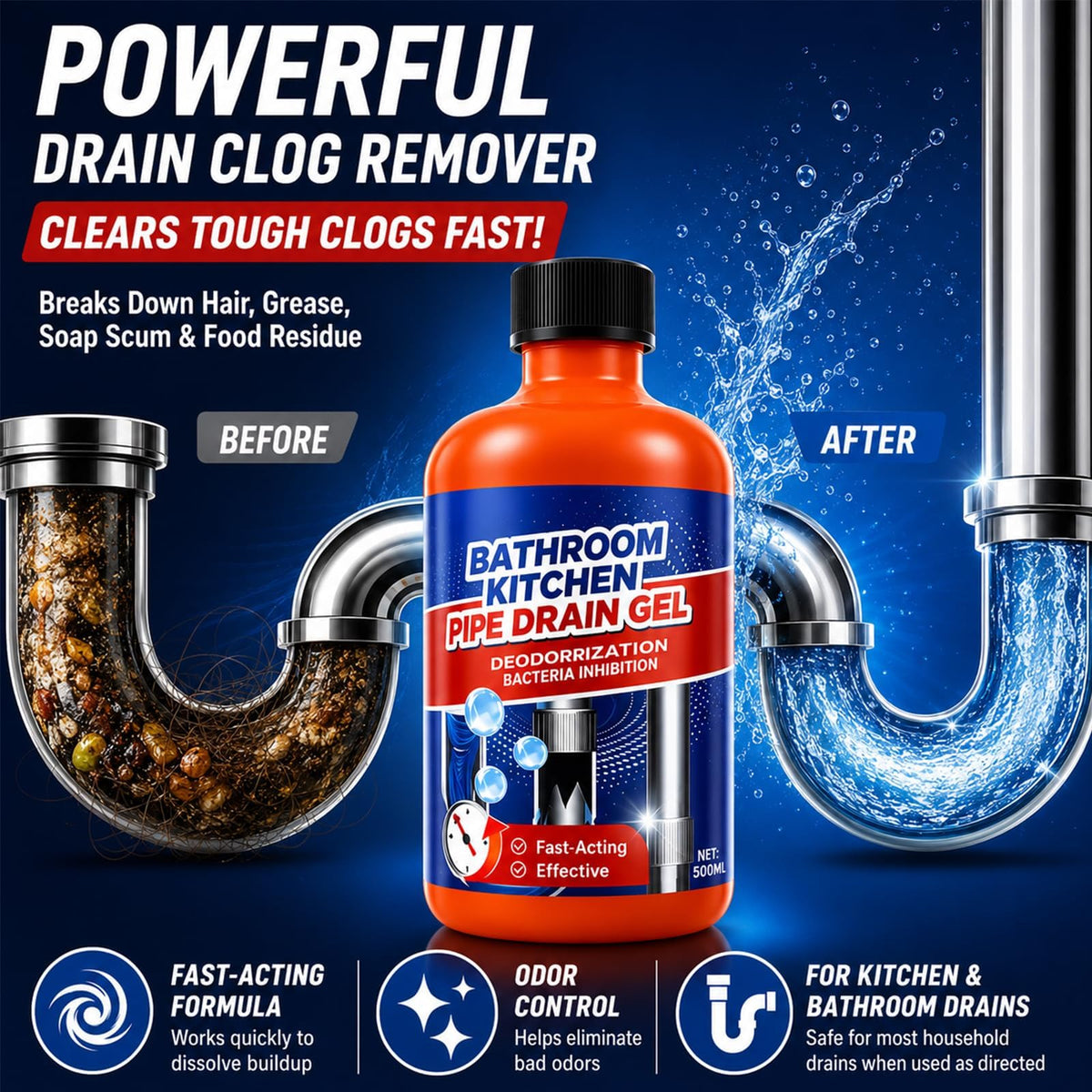Drain Clog Remover, Drain Clog Dissolver, Opener-Cleaner, Toilet Clog Remover-Professional Strength Liquid Pipe Build Up Remover (2 pcs)