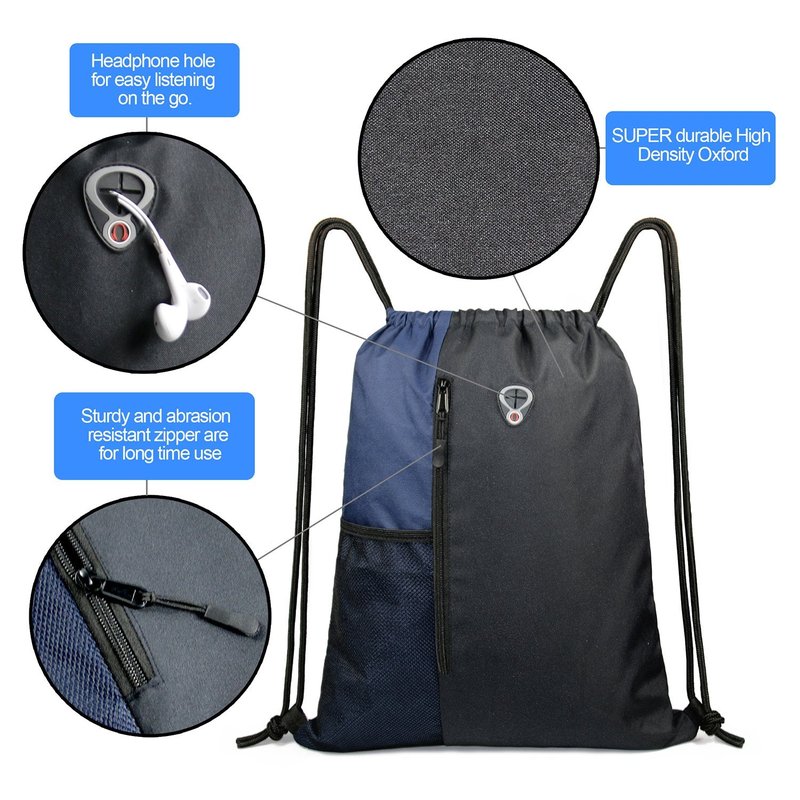BeeGreen Drawstring Backpack Sports Gym Bag for Women Men Large Cinch Sackpack with 2 Zipper Pockets and Water Bottle Mesh Pockets Black Navy