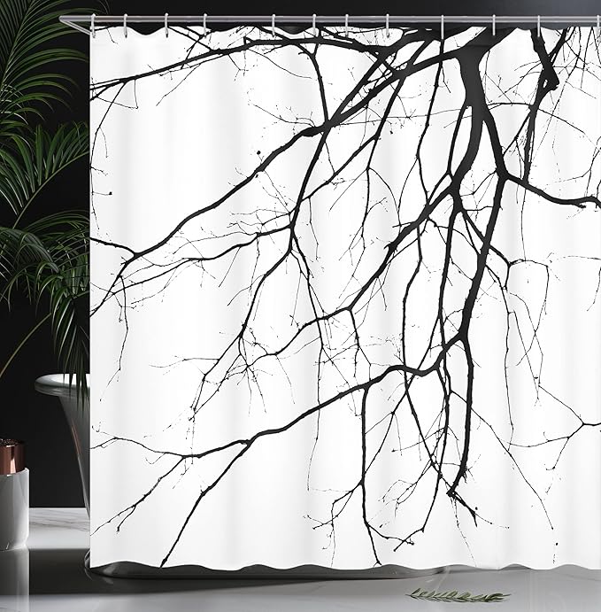 Ambesonne Black White Shower Curtain, Macro Leafless Winter Tree Branches Idyllic Twigs of Oak Nature Print, Cloth Fabric Bathroom Decor Set with Hooks, 69" W x 70" L, Black White
